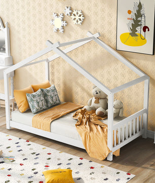 Twin Bed House Platform Bed with Headboard and Footboard Roof Design F407 - Lusy Store
