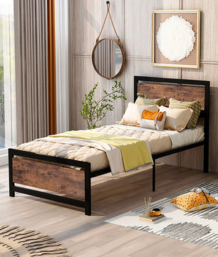 Twin Bed Metal And Wood Bed Frame With Headboard And Footboard Easy to Assemble F406 - Lusy Store