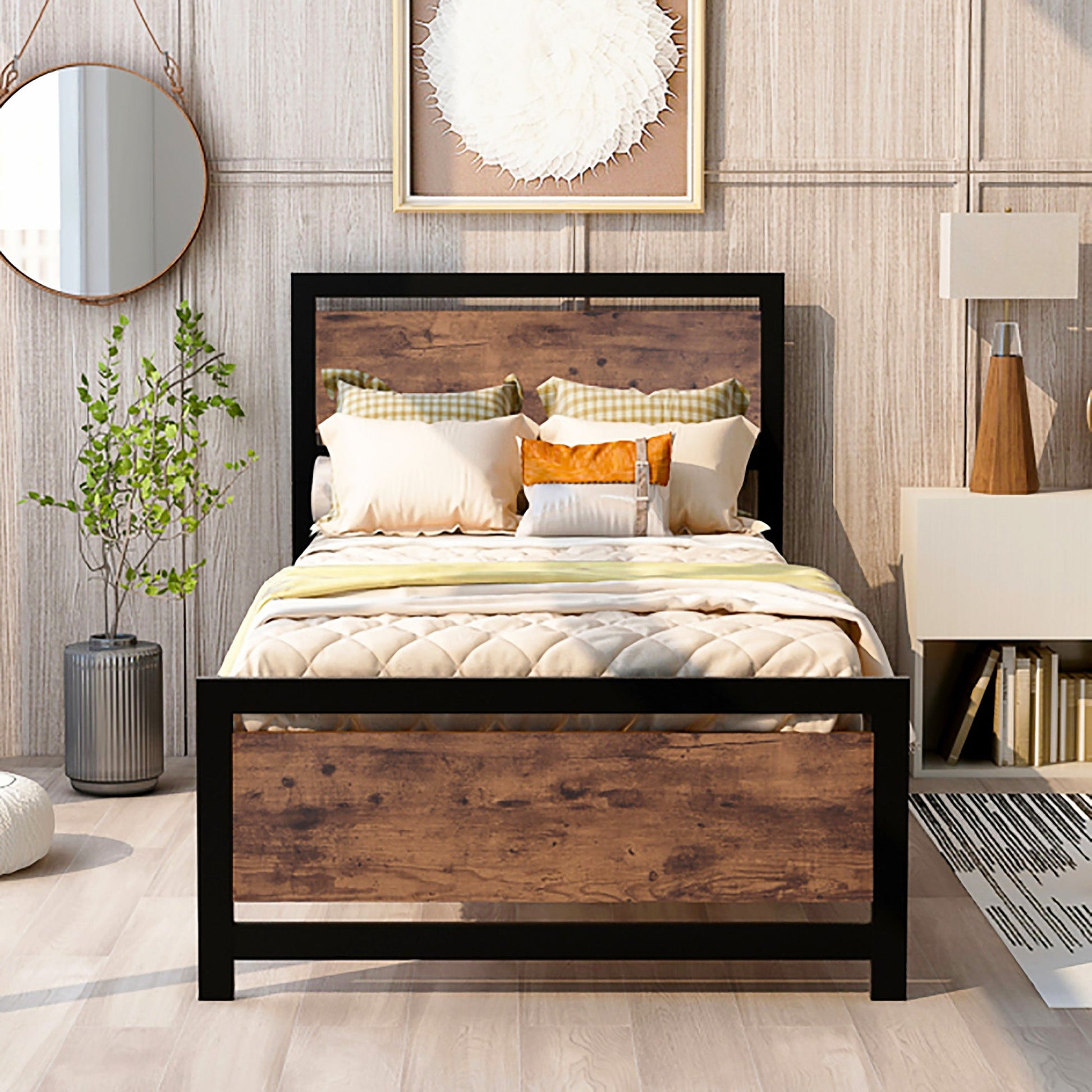 Twin Bed Metal And Wood Bed Frame With Headboard And Footboard Easy to Assemble F406 - Lusy Store