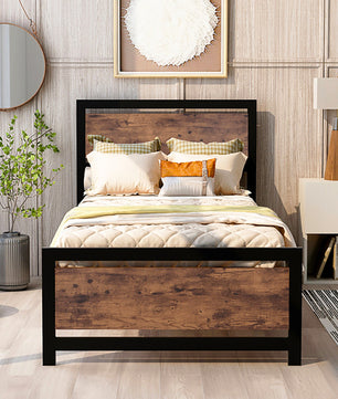 Twin Bed Metal And Wood Bed Frame With Headboard And Footboard Easy to Assemble F406 - Lusy Store