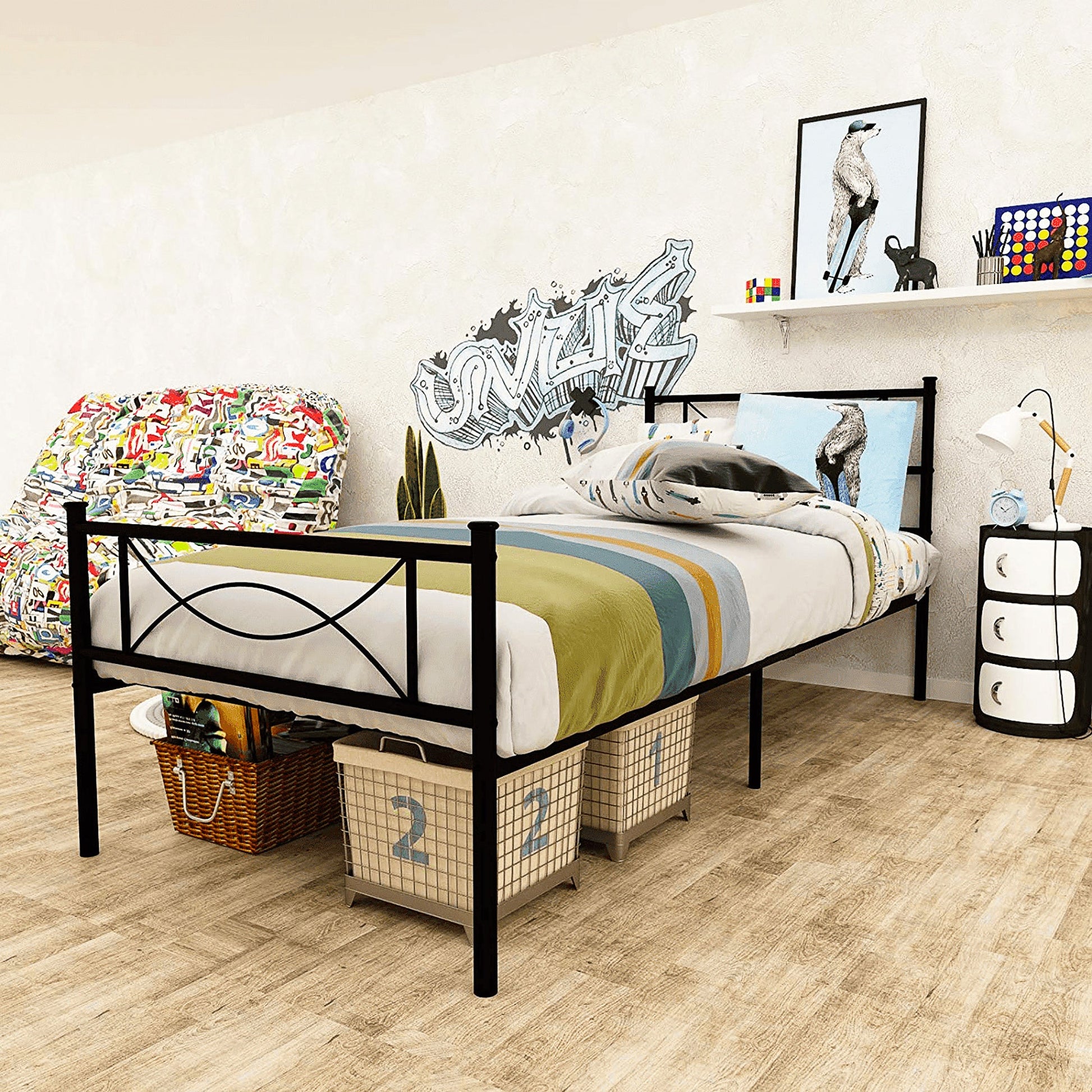 Twin Bed Metal Bed Frame Mattress Foundation with Headboard and Footboard F381 - Lusy Store