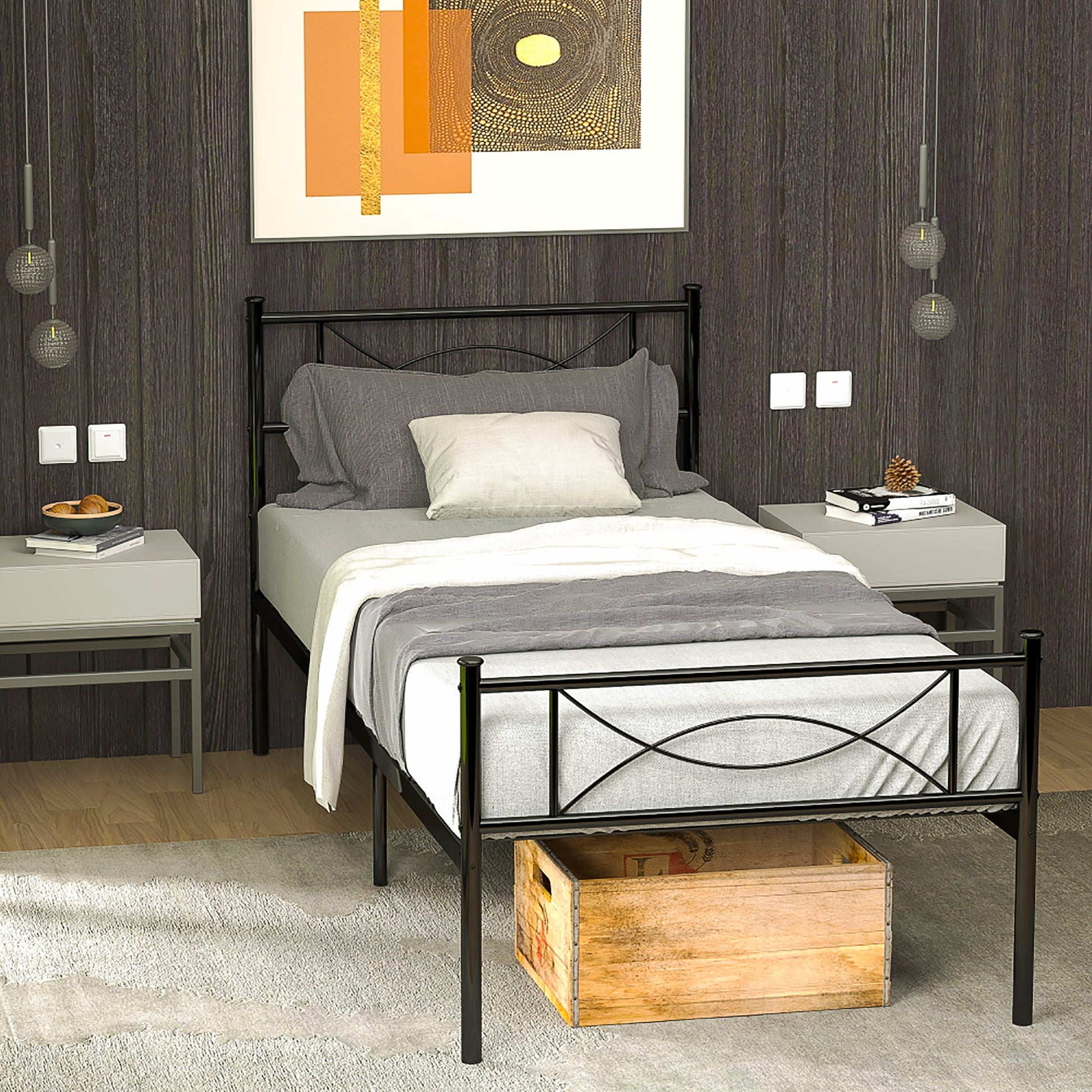 Twin Bed Metal Bed Frame Mattress Foundation with Headboard and Footboard F381 - Lusy Store