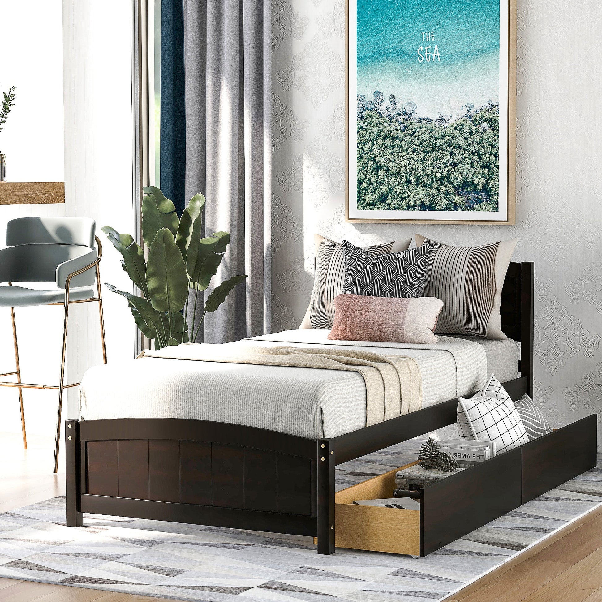 Twin Bed Solid Wood Platform Bed with Two Drawers Bed Frame No Spring Box Needed F405 - Lusy Store