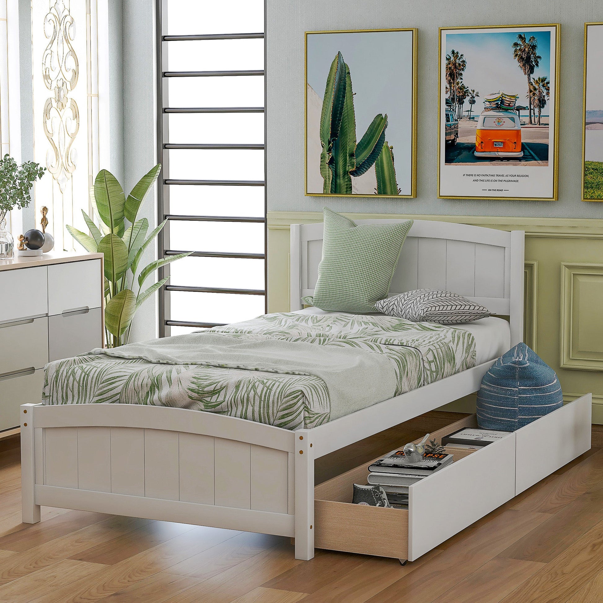 Twin Bed Solid Wood Platform Bed with Two Drawers Bed Frame No Spring Box Needed F405 - Lusy Store