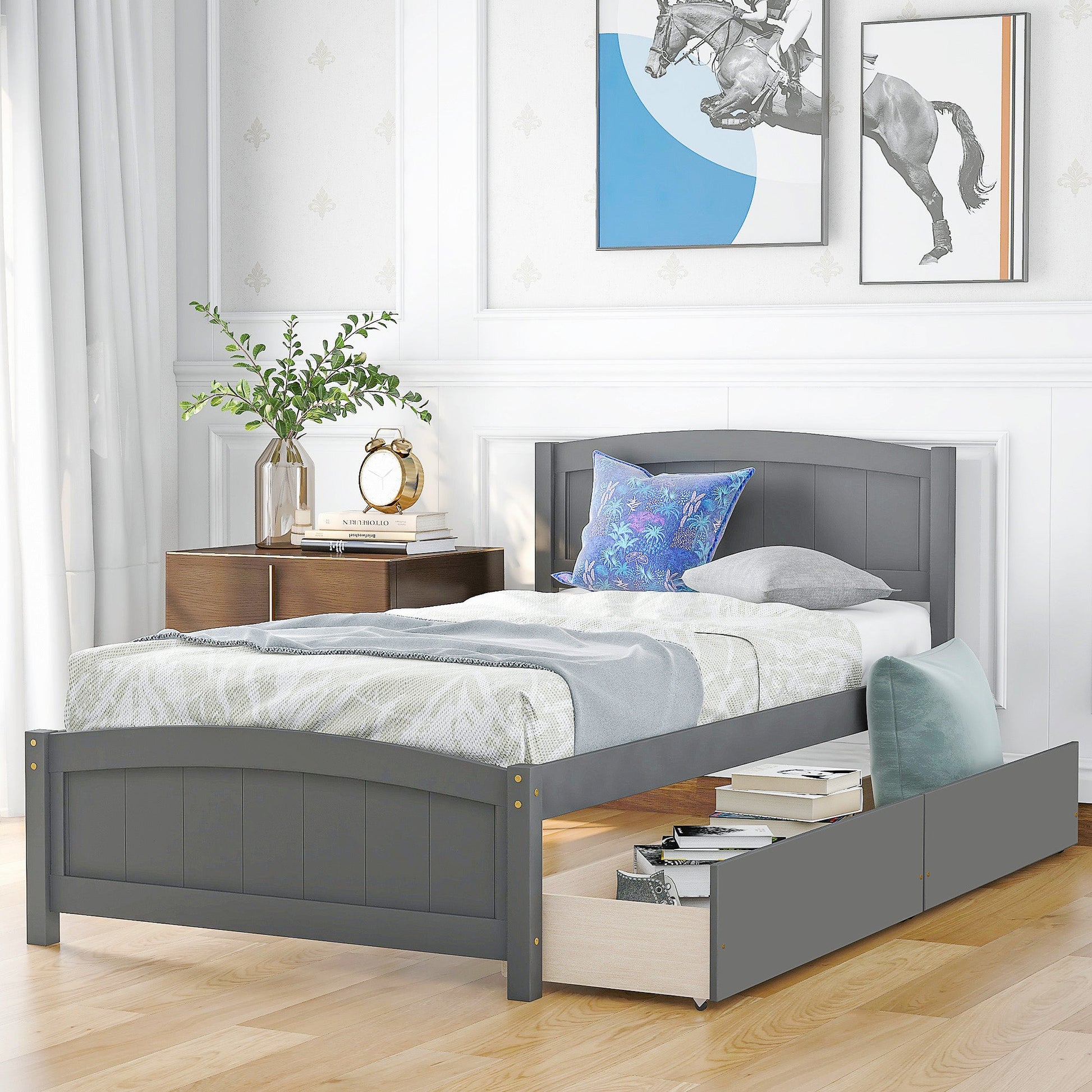 Twin Bed Solid Wood Platform Bed with Two Drawers Bed Frame No Spring Box Needed F405 - Lusy Store