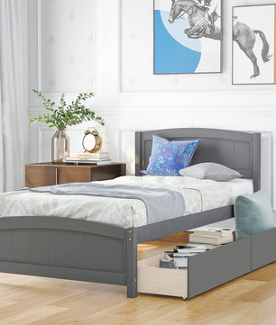 Twin Bed Solid Wood Platform Bed with Two Drawers Bed Frame No Spring Box Needed F405 - Lusy Store