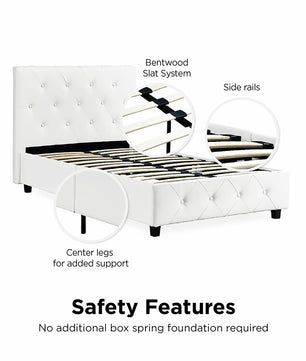 Twin Bed Upholstered Platform Bed White Faux Leather Furniture Bed Frame F383 - Lusy Store