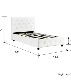 Twin Bed Upholstered Platform Bed White Faux Leather Furniture Bed Frame F383 - Lusy Store