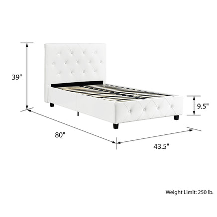 Twin Bed Upholstered Platform Bed White Faux Leather Furniture Bed Frame F383 - Lusy Store