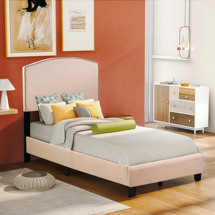 Twin Bed Upholstered Platform Bed With Wooden Slats And Nailhead Detail F404 - Lusy Store
