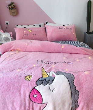 Unicorn Bedding Embroidered Lamb Cashmere Thick Warm Coral Velvet Girl Heart Quilt Bedding - Lusy Store