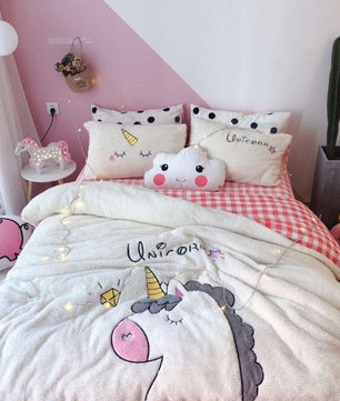 Unicorn Bedding Embroidered Lamb Cashmere Thick Warm Coral Velvet Girl Heart Quilt Bedding - Lusy Store