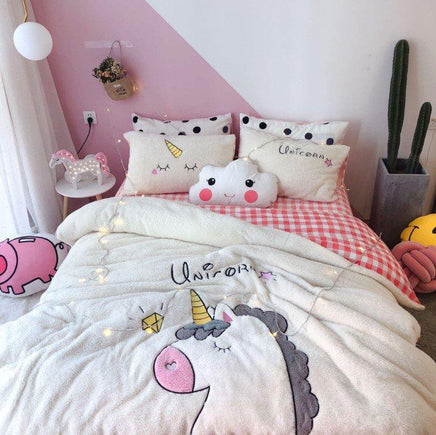 Unicorn Bedding Embroidered Lamb Cashmere Thick Warm Coral Velvet Girl Heart Quilt Bedding - Lusy Store