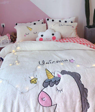 Unicorn Bedding Embroidered Lamb Cashmere Thick Warm Coral Velvet Girl Heart Quilt Bedding - Lusy Store