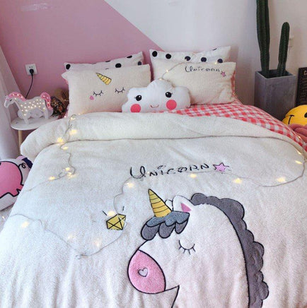 Unicorn Bedding Embroidered Lamb Cashmere Thick Warm Coral Velvet Girl Heart Quilt Bedding - Lusy Store