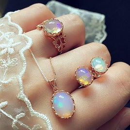 Vintage Opal Jewelry Sets For Woman Pendant Necklaces Choker Water Drop Earrings - Lusy Store