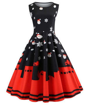 Vintage Santa Dress Women Christmas Printed Ladies Sleeveless Dresses - Lusy Store