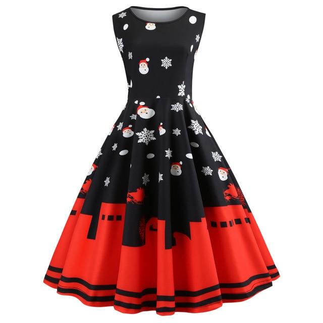 Vintage Santa Dress Women Christmas Printed Ladies Sleeveless Dresses - Lusy Store