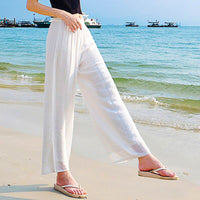 White Palazzo Pants For Women Cotton Linen Palazzo Pants Vintage Loose D373 - Lusy Store