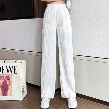 White Palazzo Pants For Women New Stripe Full Length Trousers High Waist Texture Elastic D376 - Lusy Store