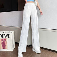 White Palazzo Pants For Women New Stripe Full Length Trousers High Waist Texture Elastic D376 - Lusy Store