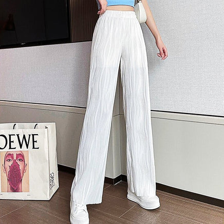 White Palazzo Pants For Women New Stripe Full Length Trousers High Waist Texture Elastic D376 - Lusy Store