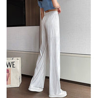 White Palazzo Pants For Women New Stripe Full Length Trousers High Waist Texture Elastic D376 - Lusy Store