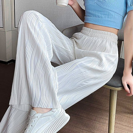 White Palazzo Pants For Women New Stripe Full Length Trousers High Waist Texture Elastic D376 - Lusy Store