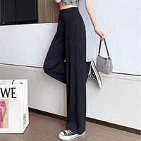 White Palazzo Pants For Women New Stripe Full Length Trousers High Waist Texture Elastic D376 - Lusy Store