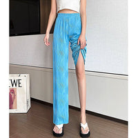 White Palazzo Pants For Women New Stripe Full Length Trousers High Waist Texture Elastic D376 - Lusy Store
