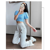 White Palazzo Pants For Women New Stripe Full Length Trousers High Waist Texture Elastic D376 - Lusy Store
