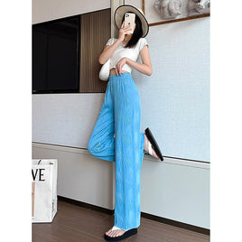 White Palazzo Pants For Women New Stripe Full Length Trousers High Waist Texture Elastic D376 - Lusy Store
