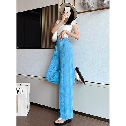 White Palazzo Pants For Women New Stripe Full Length Trousers High Waist Texture Elastic D376 - Lusy Store
