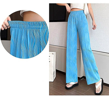 White Palazzo Pants For Women New Stripe Full Length Trousers High Waist Texture Elastic D376 - Lusy Store