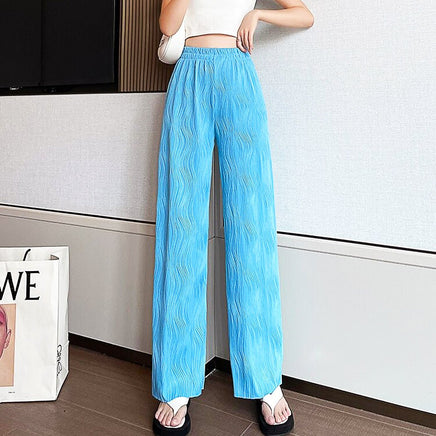 White Palazzo Pants For Women New Stripe Full Length Trousers High Waist Texture Elastic D376 - Lusy Store