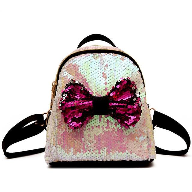 Women Sequins Bow Tie Backpacks Teenage Girls Travel Large Capacity Bags - Lusy Store